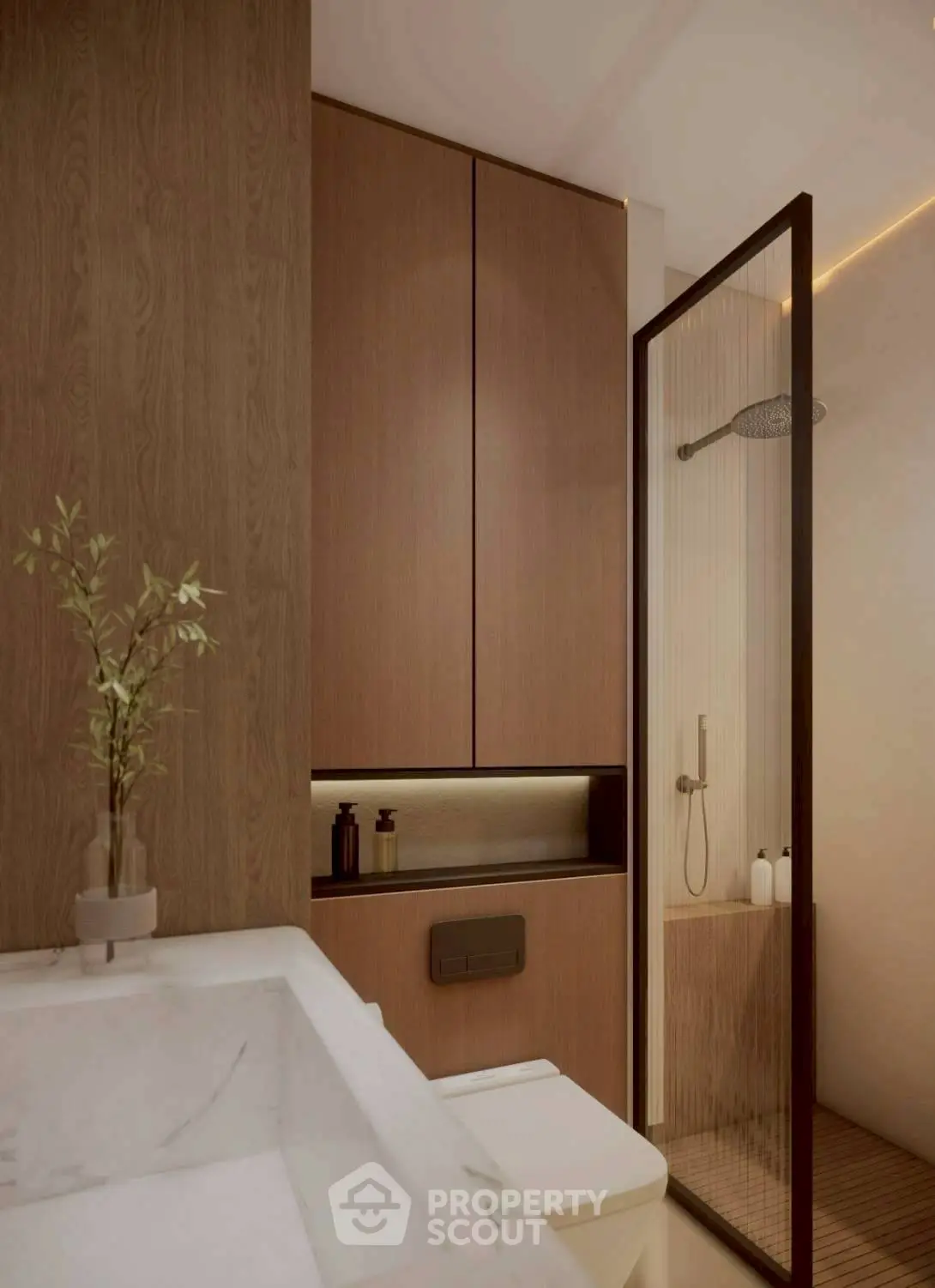 Modern bathroom with sleek wood paneling and glass shower enclosure