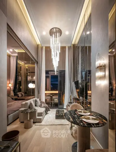 Luxurious modern living room with elegant chandelier and open balcony view