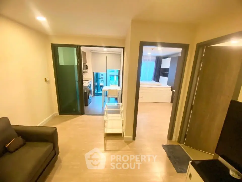 Modern apartment interior with open layout and cozy furnishings