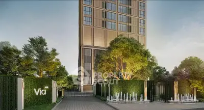 Luxurious modern building entrance with lush greenery and elegant water features.