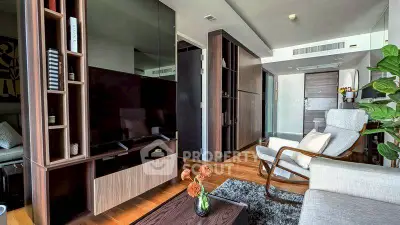 Modern living room with sleek wooden furniture and cozy decor