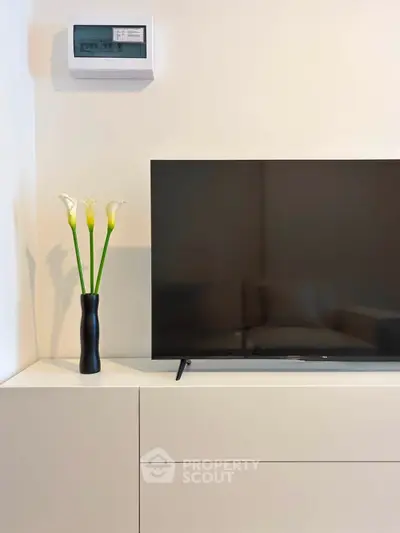 Modern living room with sleek TV setup and elegant decor