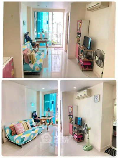 Bright and cozy living room with modern decor and balcony view