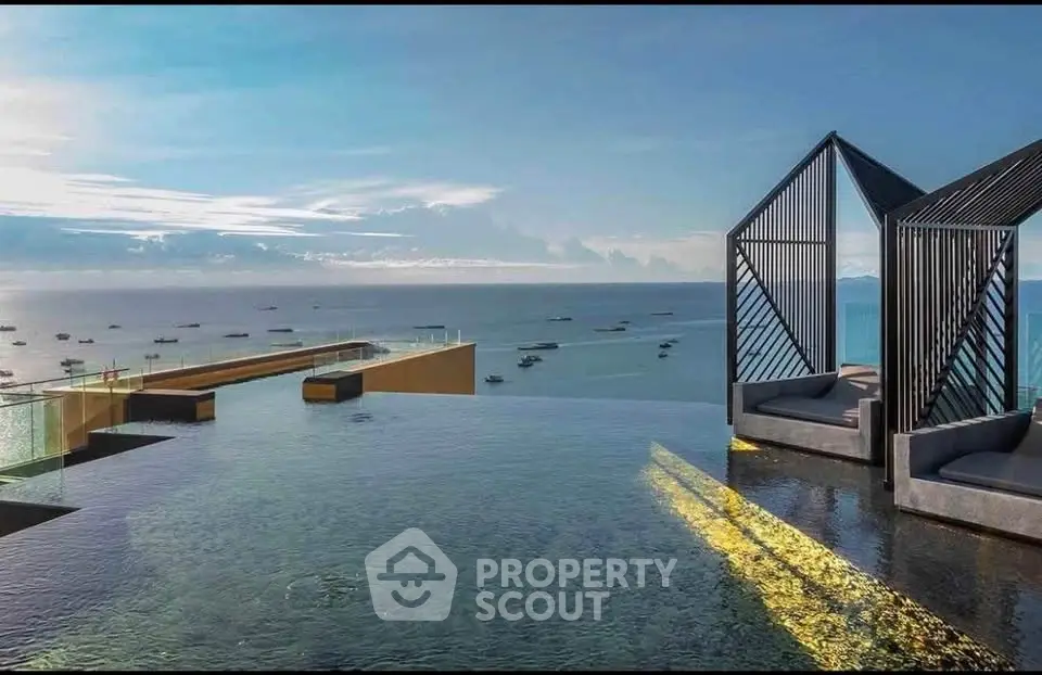 Luxurious rooftop infinity pool with stunning ocean view and modern cabanas, perfect for relaxation and leisure.