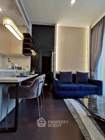 Luxurious modern living room with elegant decor and open kitchen layout