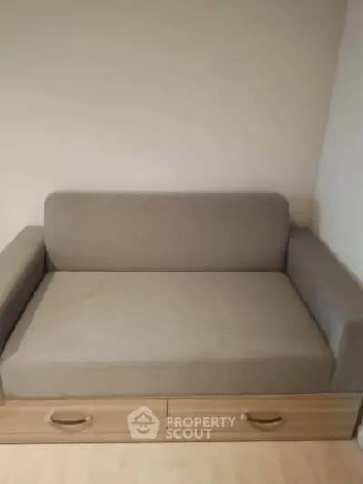 Modern compact sofa with storage drawers in a cozy living room setting.