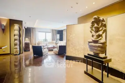 Luxurious living room with elegant decor and stunning sculpture centerpiece