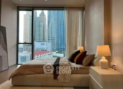 Luxurious bedroom with stunning city view and elegant decor