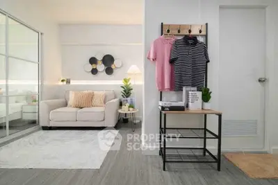 Modern living room with stylish decor and cozy seating area
