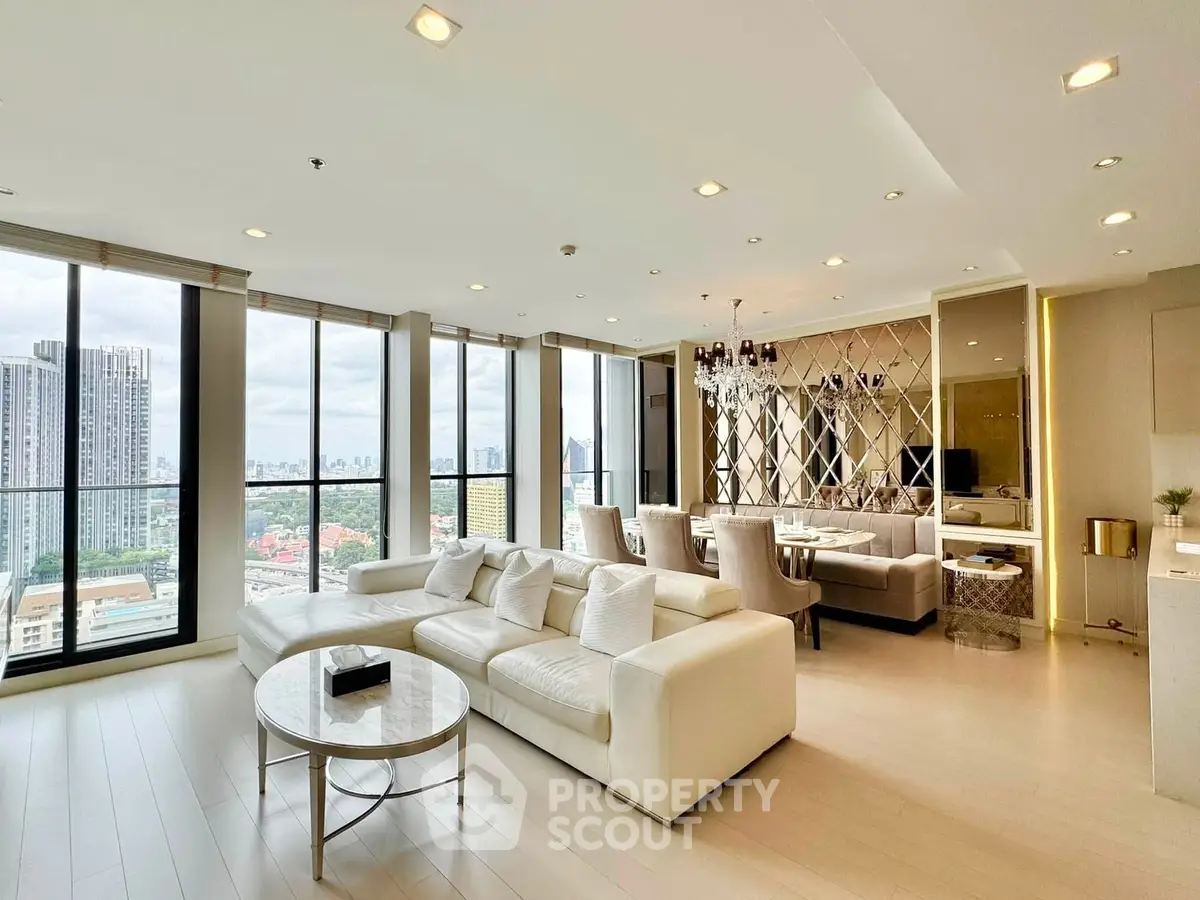 Luxurious modern living room with panoramic city views and elegant decor