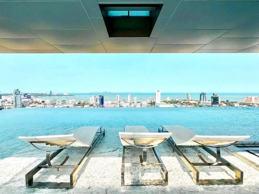 Luxurious rooftop infinity pool with stunning city skyline and ocean view, perfect for relaxation and leisure.