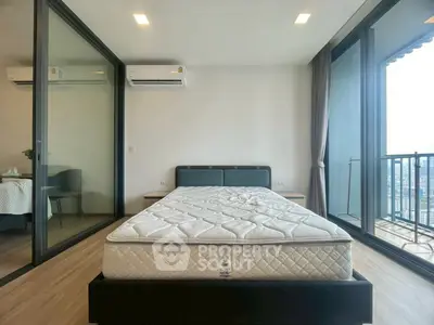 Modern bedroom with large windows and city view, featuring a comfortable bed and sleek design.