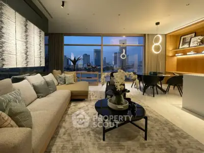 Luxurious living room with stunning city view, modern decor, and elegant lighting in a high-rise apartment.
