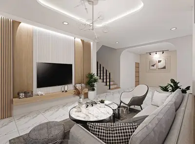 Modern living room with stylish decor and cozy seating area