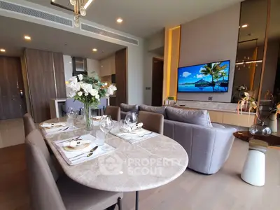 Luxurious open-plan living room with elegant dining area and modern decor