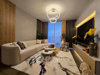 Luxurious modern living room with stylish decor and unique lighting