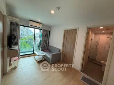 Modern living room with balcony view in a stylish apartment