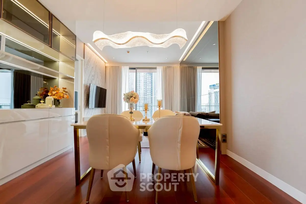 Luxurious modern dining area with elegant lighting and city view, perfect for sophisticated urban living.