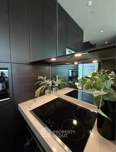 Modern kitchen with sleek black cabinetry and electric cooktop, featuring elegant decor and contemporary design.