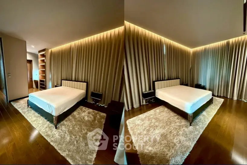 Luxurious bedroom with elegant lighting and wooden flooring