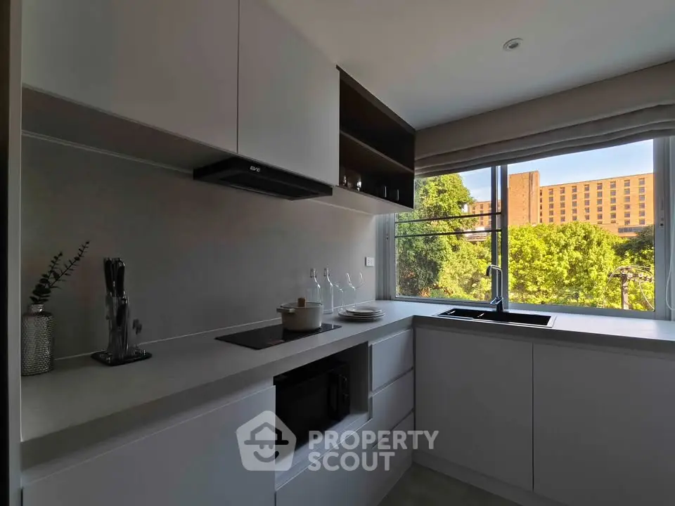 Modern kitchen with sleek cabinetry and large window offering a scenic view.