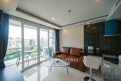 Modern living room with balcony view in urban apartment