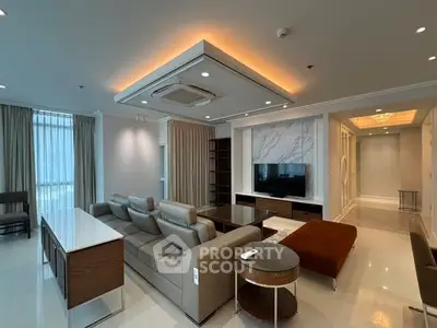 Luxurious modern living room with elegant lighting and stylish furniture