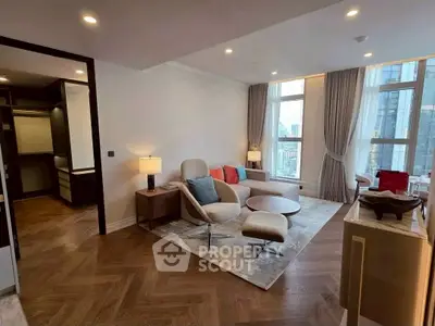 Luxurious modern living room with city view and elegant decor