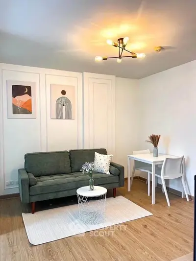 Modern living room with stylish decor and cozy seating area