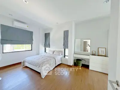 Spacious modern bedroom with elegant decor and natural light