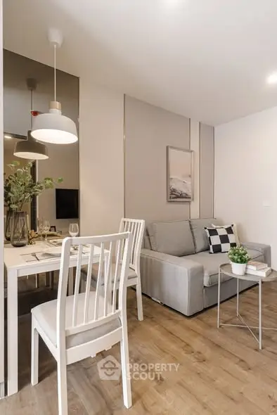 Modern living room with stylish decor and cozy seating area