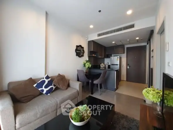Modern living room with open kitchen and stylish decor in a cozy apartment.