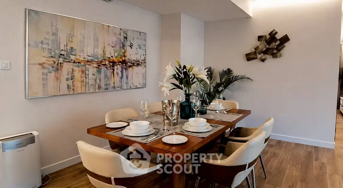 Elegant dining area with modern art and stylish decor in a contemporary home.