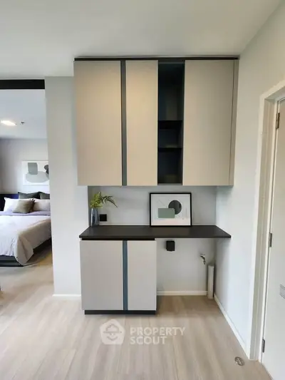 Modern bedroom with sleek built-in storage and stylish decor