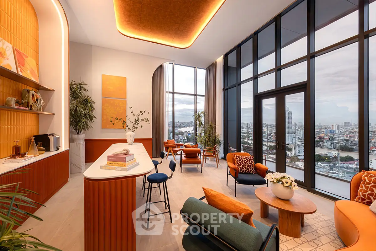 Luxurious high-rise living room with floor-to-ceiling windows and stunning city view.