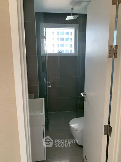 Modern compact bathroom with sleek design and natural light