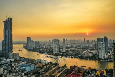 Stunning cityscape view at sunset with river and skyscrapers, perfect for urban living enthusiasts.
