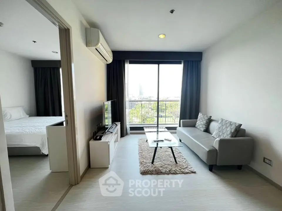 Modern living room with balcony view in stylish apartment