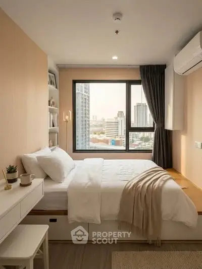 Cozy bedroom with city view, featuring modern decor and natural light.