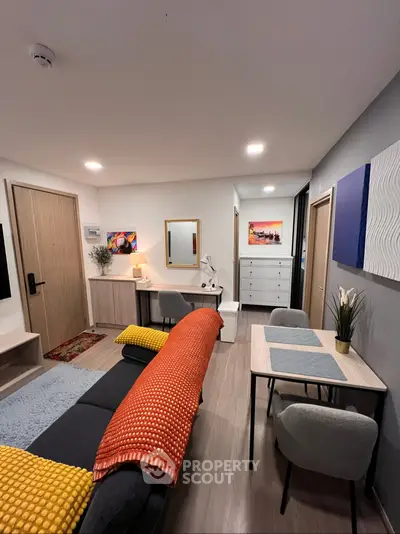 Modern living room with stylish decor and cozy seating area