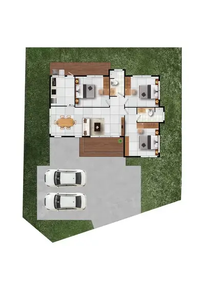 Modern house floor plan with spacious layout and two-car garage