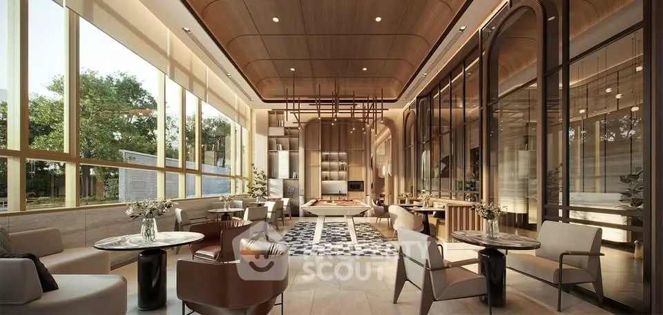 Luxurious modern living room with elegant furniture and large windows offering a serene garden view.