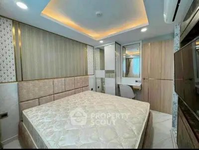 Luxurious bedroom with modern design and ambient lighting