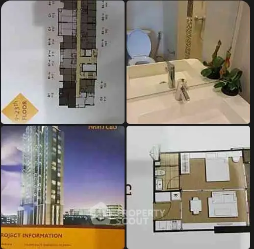 Real estate project with floor plans and modern bathroom design.