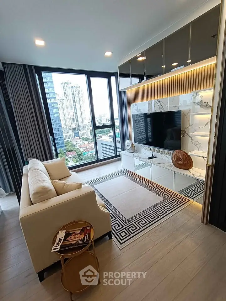 Luxurious modern living room with stunning city view and elegant decor