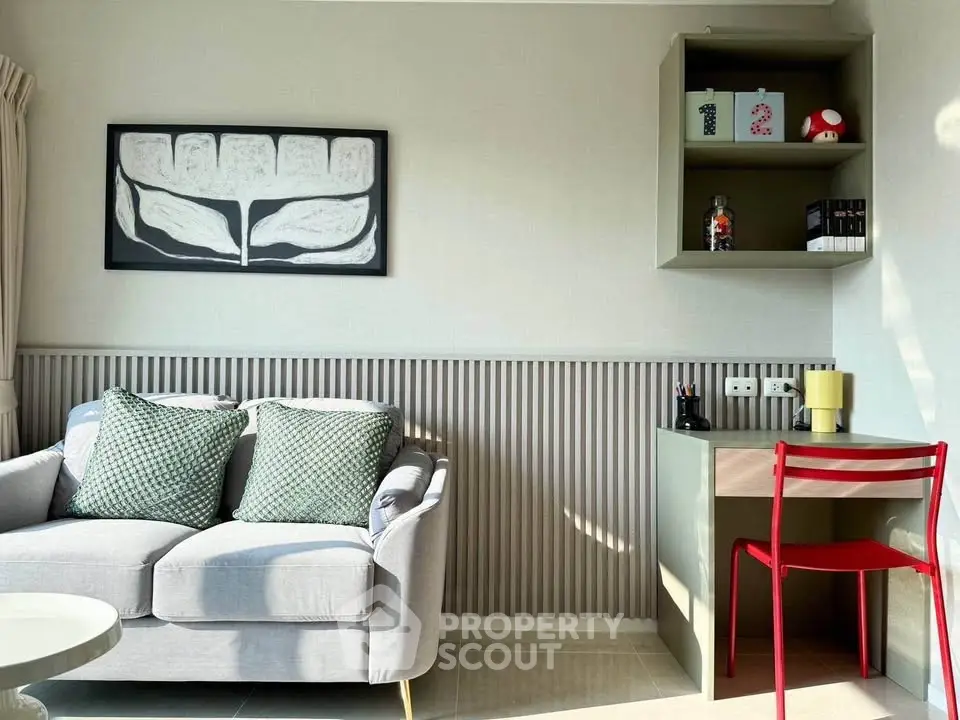 Modern living room with stylish decor and cozy seating area