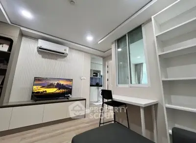 Modern living room with sleek design and built-in storage solutions