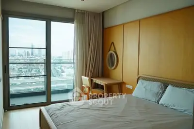 Modern bedroom with city view and stylish wooden furniture