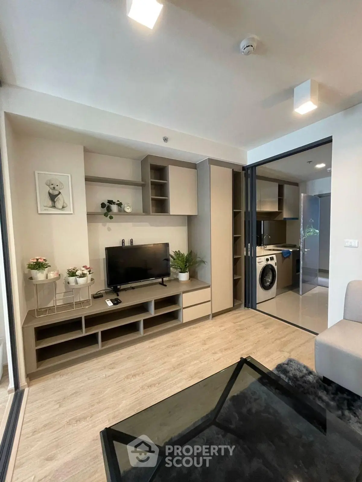 Modern living room with sleek TV unit and adjacent laundry area