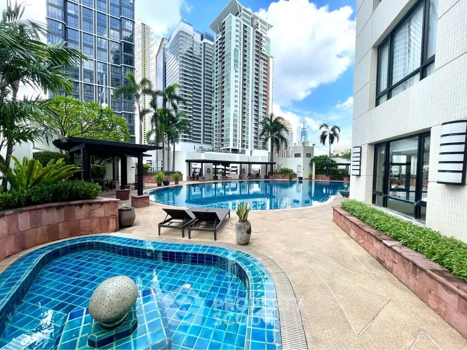 Luxurious urban pool area with modern high-rise buildings and lush greenery, perfect for relaxation and leisure.